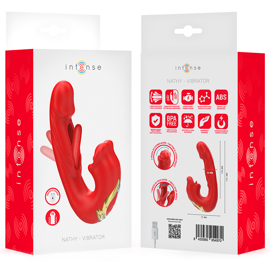 INTENSE - NATHY DOUBLE VIBRATOR WITH MULTIFUNCTION STIMULATING MOUTH RED